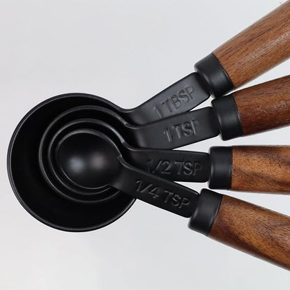 Set of 4 Measuring Spoons Black Measuring Scoops with Wooden Handle Stainless Steel Measuring Spoons Set for Kitchen Flour Spice Seasoning Measurement (15ml+5ml+2.5ml+1.25ml) - Image 4