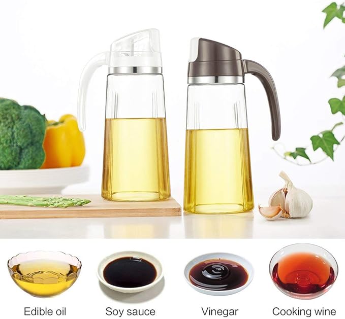 Marbrasse Oil Dispenser for Kitchen,20 OZ /600ml Leakproof Glass Oil Bottle with Auto Flip Cap,Olive Oil Container for Kitchen Cooking(1 Pcs White + 1 Pcs Brown) - Image 6