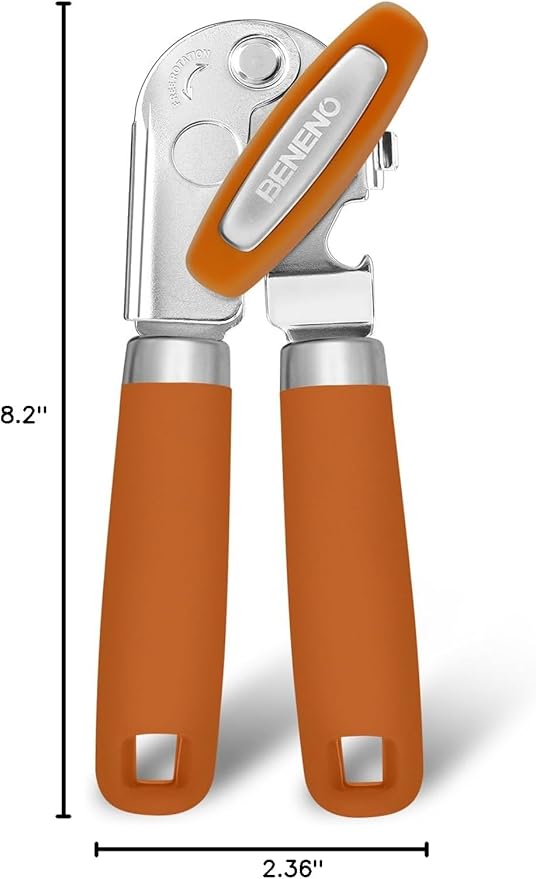 Beneno Heavy Duty Hand Can Opener Manual with Magnet, Durable Sharp Carbon Steel Blade Smooth Cutting, Big Effort-Saving Knob, Soft Grip Handle, Multifunctional Kitchen Tool with Bottle Opener, Orange - Image 8