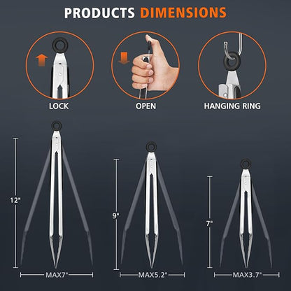 Hotec Stainless Steel Kitchen Tongs, Set of 3-7", 9" and 12", Locking Metal Food Tongs for Cooking, Serving, BBQ, Grill with Non-Slip Grip - Image 8