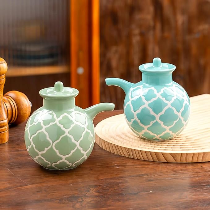 KXZ Ceramic Oil Dispenser with Lid – 13.5 oz Olive Oil Bottle for Kitchen, Soy Sauce or Vinegar, Decorative Ceramic Olive Bottle Dispenser, Small Oil Container Kitchen Cruet Decanter