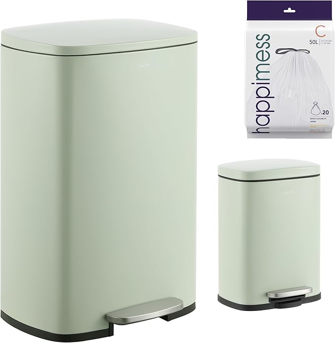 happimess HPM1006E Connor Rectangular 13-Gallon Trash Can with Soft-Close Lid and FREE Mini Trash Can, Fingerprint Resistant, Modern, Minimalistic for Home, Kitchen, Office, Bathroom, Pistachio Gelato by Happimess