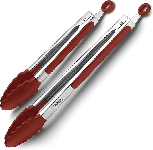 Tribal Cooking Kitchen Tongs with Silicone Tips - Stainless Steel tongs for cooking - 9" and 12" Tongs With Silicone Rubber Grips, Small and Large - Metal BBQ Tongs with Locking (Red) by Tribal+Cooking