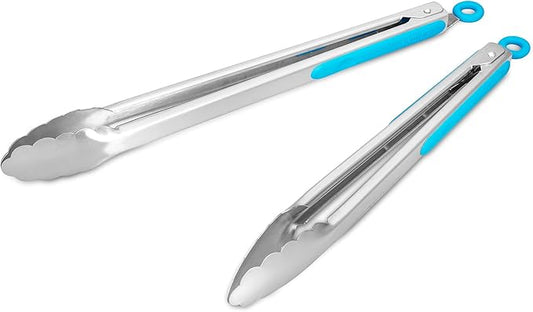 304 Stainless Steel Kitchen Cooking Tongs, 12" and 14" Set of 2 Sturdy Grilling Barbeque Brushed Locking Food Tongs with Ergonomic Grip, Blue by ALLWIN-HOUSEWARE