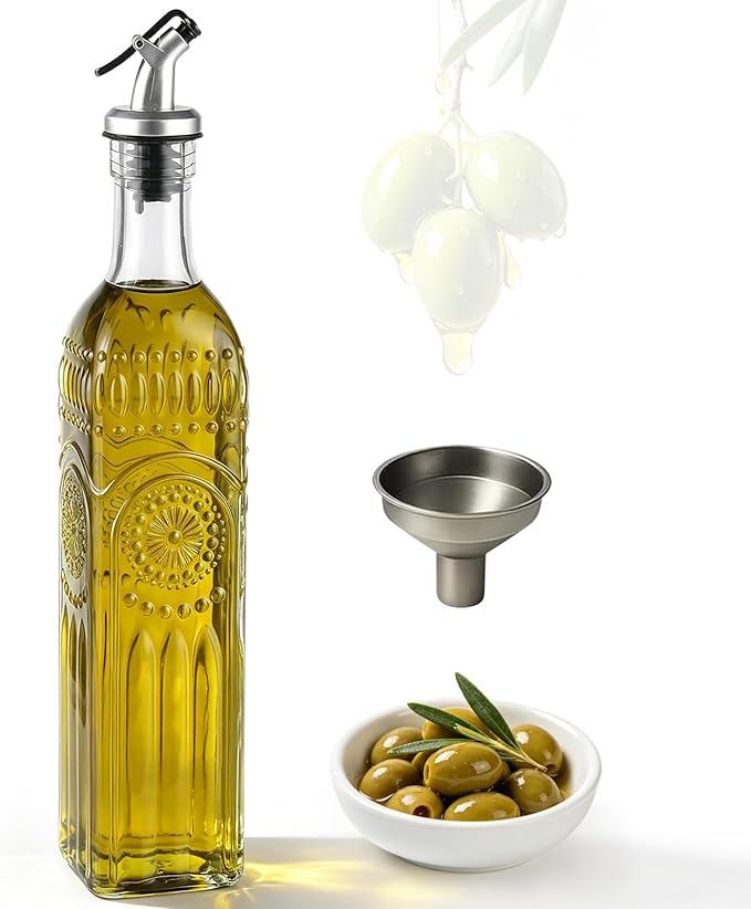 WERTIOO Olive Oil Dispenser Bottle for Kitchen,17oz Clear Glass Cooking Olive Oil and Vinegar Dispenser with Funnel, Delicately Engraved Glass Bottles for Kitchen by WERTIOO