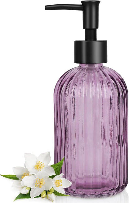 Topsky Stripe Glass Soap Dispenser with Black Plastic Pump, 400ml Liquid Hand Soap Dispenser, Rustproof Pump for Kitchen & Bathroom, Great for Lotions, Essential Oil, Liquid Soaps-Purple by HomeandKitchenNO1