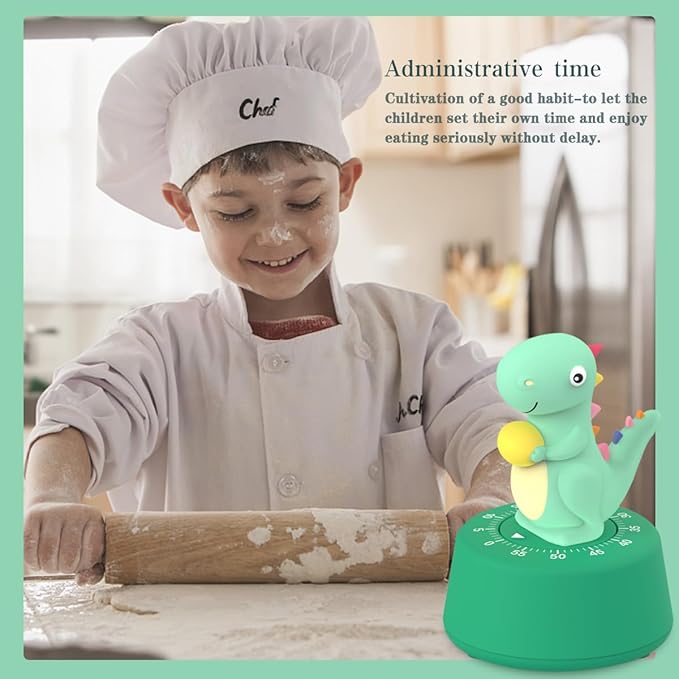 ELE DEPI 60 Minutes Mechanical Kitchen Timer,Cute Dinosaur Timer for Kids,Wind Up Egg Timer for Cooking,Reading,Classroom and Do Sports. (Light Green)