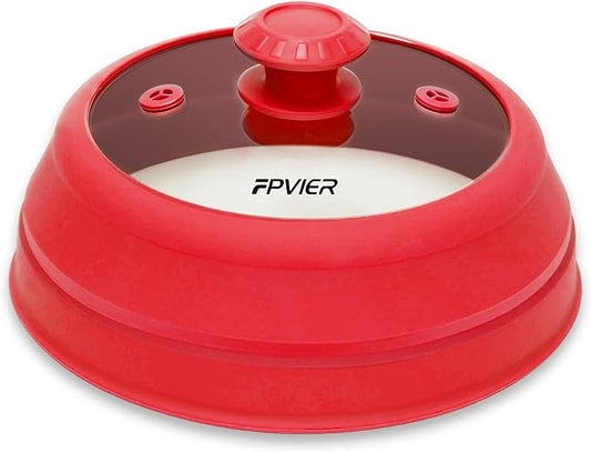 Microwave Splatter cover, Glass Microwave Cover for Food, Guard Lid with Collapsible Silicone for 6-8 inch Plates & Bowls, Dishwasher Safe, Heat Resistant, BPA-Free, 9 inch Red