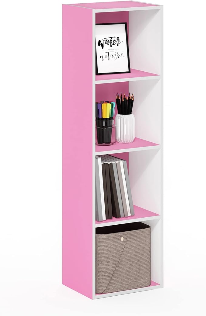 Furinno PASIR Book Shelf, 4-Tier Modern Bookshelf, Open Shelves Bookcase 9 x 12 x 42, Easy Assembly, for Living Room, Bedroom, Home Office, Pink/White by Furinno-FitsYourSpaceFitsYourBudget