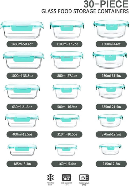 30 Pieces Glass Food Storage Containers with Upgraded Snap Locking Lids,Glass Meal Prep Containers Set - Airtight Lunch Containers, Microwave, Oven, Freezer and Dishwasher Friendly (Green) - Image 2