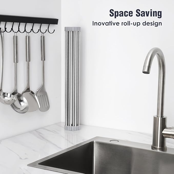 Tomorotec 21" x 15.5" Roll Up Dish Drying Rack Over Sink Drying Rack Sink Cover Kitchen Sink Accessories Gadget Multipurpose Organizer Foldable Stainless Steel Drainer - Image 3