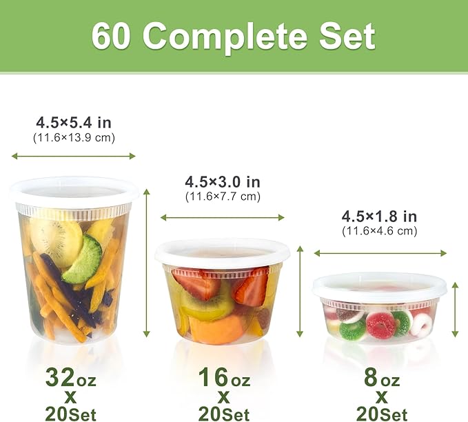 Dipoo 60 Sets (120-Piece) Deli Containers with Lids, 32/16/8 oz X 20 Set Each, Leak-Proof & BPA Free Airtight Takeout Plastic Food Storage Containers for Soup, Freezer/Microwave/Dishwasher Safe - Image 2