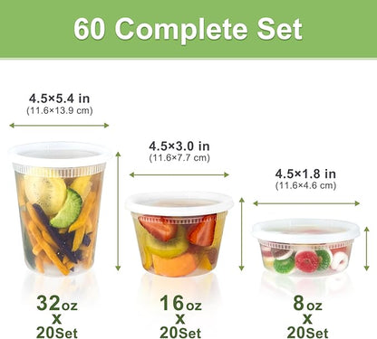 Dipoo 60 Sets (120-Piece) Deli Containers with Lids, 32/16/8 oz X 20 Set Each, Leak-Proof & BPA Free Airtight Takeout Plastic Food Storage Containers for Soup, Freezer/Microwave/Dishwasher Safe - Image 2