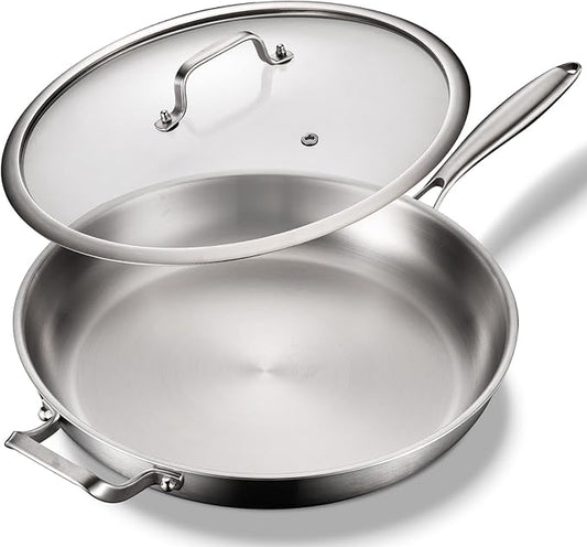 DELARLO Tri-Ply Stainless Steel Pan, 18/10 Frying Pan, Oven Safe Up to 600°F, Nontoxic Cookware, Compatible with All Cooktops Skillet, Durable, Fast Even Heat Fry Pan,Large 14.2 Inch Frying Pan by DELARLOCOOKWARE