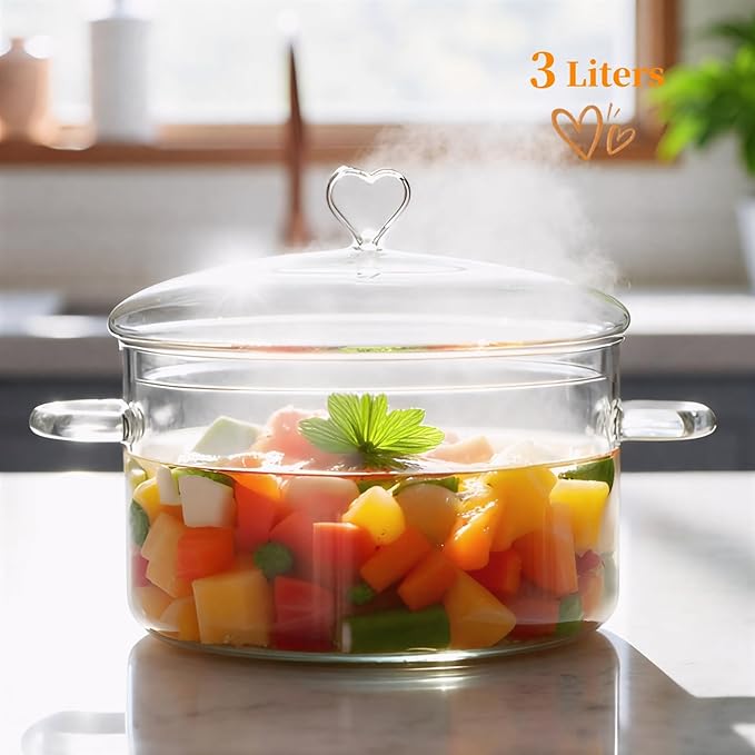 3 L Glass Cooking Pot with Lid, Glass Simmer Pot, Save Energy, Heat Resistant, for Water-based Recipes. Heart Shape Lid, Clear, 3.2QT(3000ml)