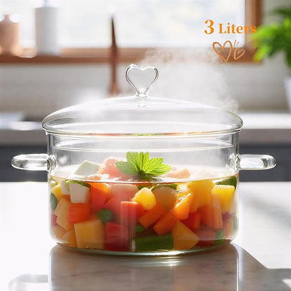 3 L Glass Cooking Pot with Lid, Glass Simmer Pot, Save Energy, Heat Resistant, for Water-based Recipes. Heart Shape Lid, Clear, 3.2QT(3000ml)