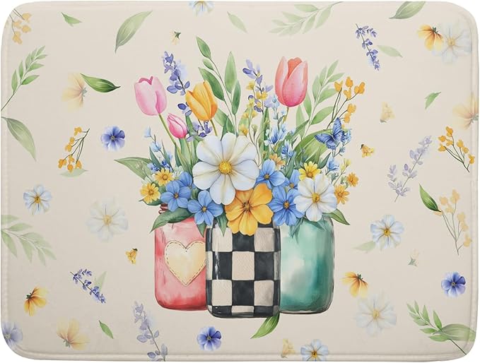 Giwawa Spring Flower Vases Dish Drying Mat for Countertop, 18"x24" Watercolor Floral Mason Jar Dish Drainer Mats, Wildflower Botanical Fast Dry Microfiber Large Dish Drying Pad Decoration