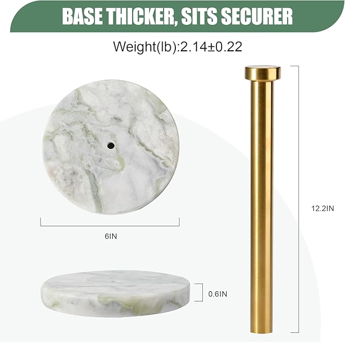 Koville Genuine Marble Paper Towel Holder Countertop, 6" Stone Base Gold Rod Paper Towel Holder Stand for Kitchen Storage, for Standard or Jumbo-Sized Rolls - Image 3