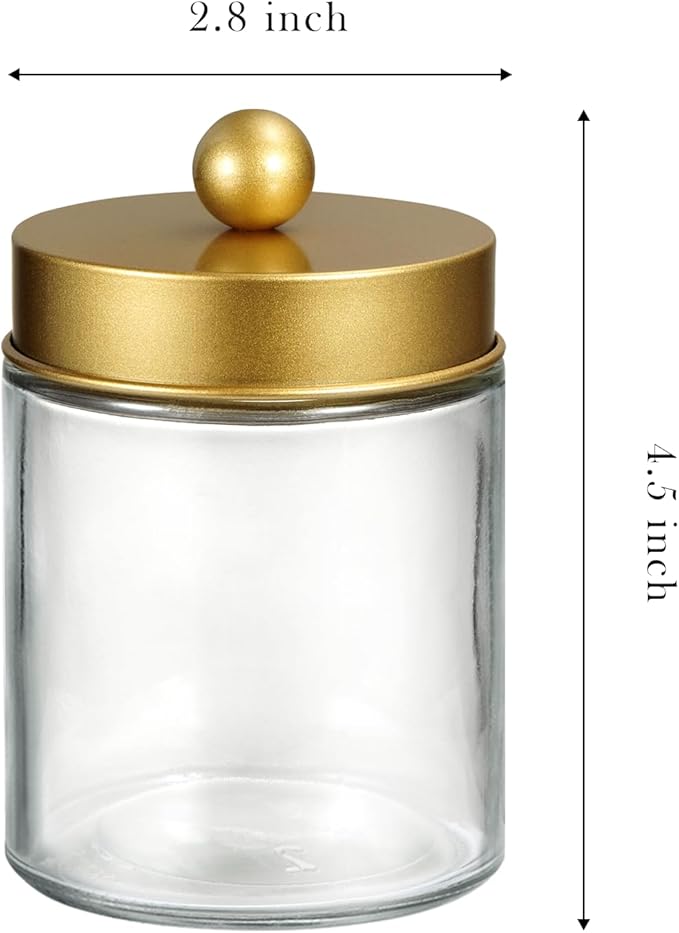 SheeChung Qtip Dispenser Holder 1pcs, Glass apothecary jars with Stainless Steel Lids &Stickers, Countertop Canister Guest Bathroom Storage Organizer Set for Cotton Swabs/Balls, Floss Picks(Gold)