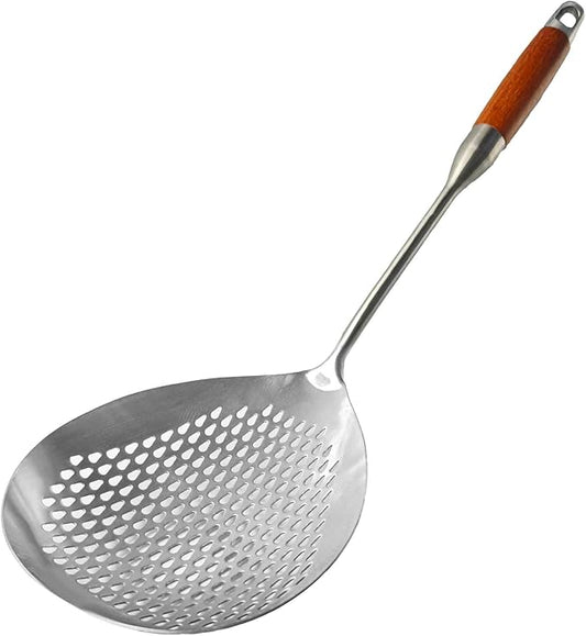 Stainless Steel Skimmer Slotted Spoon, Spider Strainer Ladle with Long Handle for Cooking, Draining Pasta, Deep Frying(Wooden Handle)