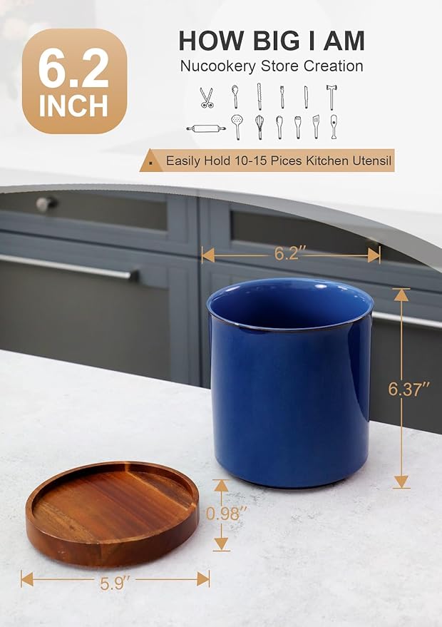 Nucookery 360°Rotating Utensil Holder, 7.2" Large Utensil Crock, White Ceramic Cooking Utensil Organizer,Farmhouse Kitchen Decor Christmas Thanksgiving Gift (Royal blue) - Image 2
