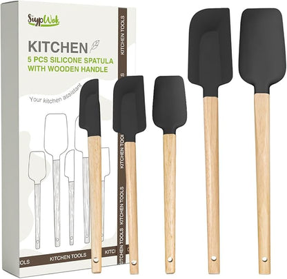 Silicone Spatula Set, Food Grade Rubber Spatula-5 Piece Nonstick Rubber Spatulas, Spoonula, Jar Scraper for Cooking, Baking, Mixing, Frosting - Heat Resistant Up to 600°F (5 Pcs Black) by HighQualityKitchenAccessory