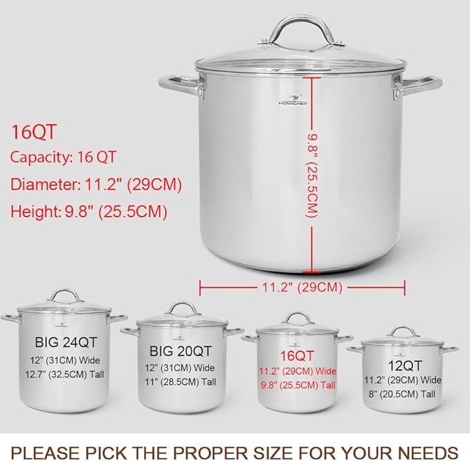HOMICHEF 16 Quart LARGE Stock Pot with Glass Lid - NICKEL FREE Stainless Steel Healthy Cookware Stockpots with Lids 16 Quart - Mirror Polished Induction Cooking Pot - Image 4