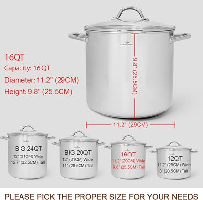 HOMICHEF 16 Quart LARGE Stock Pot with Glass Lid - NICKEL FREE Stainless Steel Healthy Cookware Stockpots with Lids 16 Quart - Mirror Polished Induction Cooking Pot - Image 4