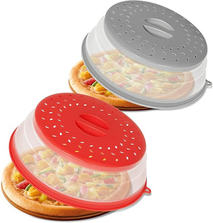 CasaCulina 2 Pack Collapsible Microwave Splatter Cover, Vented Microwave Lid with Hook Hole, Splatter Guard for Plate Dish Bowl, Vegetable Fruit Colander Multi-function Kitchen Gadget(Grey & Red) by CasaCulina