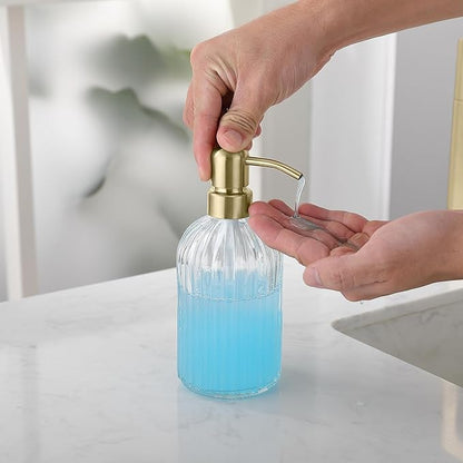 Gold Glass Soap Dispenser with Rust Proof Metal Pump, Vintage & Antique Design, 16oz Clear Glass Dish Soap Dispenser for Bathroom & Kitchen, 2 Packs