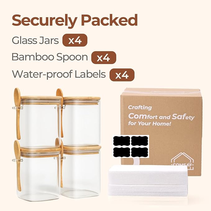 ComSaf 0.8 Qt Glass Jars with Bamboo Lids & Spoons Set of 4, Square Glass Containers with Lids, Sugar Coffee Containers Salt Spice Jars, Pantry Storage Container for Loose Tea, Candy, Brown Sugar, Nut - Image 8