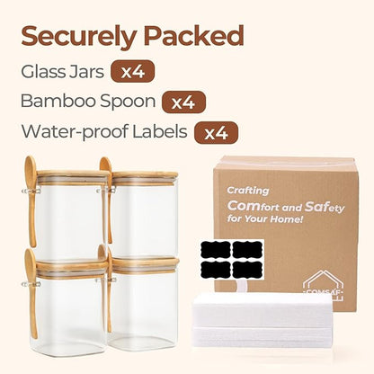 ComSaf 0.8 Qt Glass Jars with Bamboo Lids & Spoons Set of 4, Square Glass Containers with Lids, Sugar Coffee Containers Salt Spice Jars, Pantry Storage Container for Loose Tea, Candy, Brown Sugar, Nut - Image 8