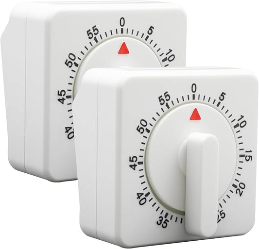 Hitefu 2 Pcs Square 60 Minute Mechanical Kitchen Timer, Visual Cooking Timer with Loud Alarm & No Batteries for Classroom/Home (White)