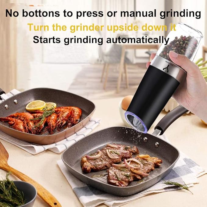 Gravity Electric Grinder set of 2,Automatic Pepper and Salt Mill Grinder with Blue LED LIGHT,Electric Pepper Mill with Adjustable Coarseness,Refillable,salt and pepper shaker,pepper grinder