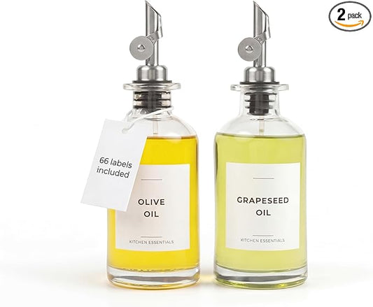 Spaceneat Olive Oil Dispenser Bottle - Includes 55 Kitchen Essential Labels - Cooking Oil Bottles for Kitchen, Coffee Syrup Dispenser - Pourer Spout with 11.8 fl oz Glass Container Cruet - 2pcs Silver