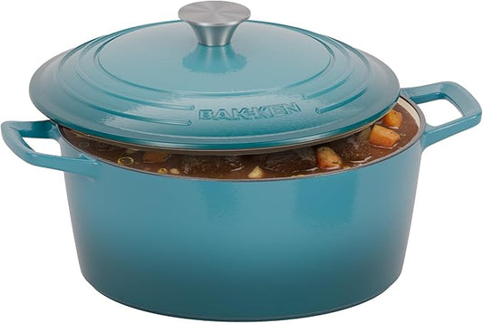 Bakken Enameled Cast Iron Dutch Oven Pot, 6QT Dutch Oven for Bread Baking, Braising & Roasting, Kitchen & Campfire Cooking, Moisture-Locking Lid, Oven Safe Up To 500°F, Works on All Cooktops, Teal