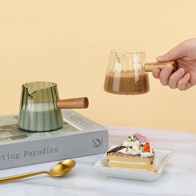 Glass Measuring Cup, 6oz Creamer Pitcher with Wood Handle, Creative Milk Frothing Pitcher Creamer Shot Glass (Transparent)