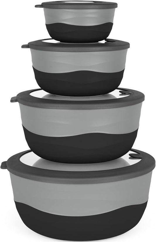 Pera Mixing Bowls with Lids Set, 8 Piece (4 Bowls + 4 Airtight Lids), BPA Free Nesting Kitchen Bowl Set for Mixing & Food Storage, Microwave & Dishwasher Safe (Black)