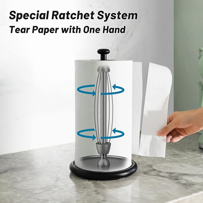 VEHHE Paper Towel Holder Countertop with Weighted Base, One-Handed Tear Paper Towel Holder with Damping Function and EVA Non-Slip Pad for Bathroom and Kitchen (Black) - Image 2