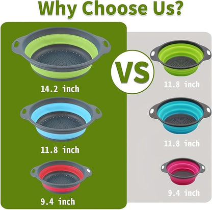 Silicone Colander Collapsible Strainers Set for Kitchen- 3 Pack (3Qt, 4Qt,5Qt) -Over Home Draining Basket, Food Vegetables & Fruits-Dishwasher Safe, BPA Free Space Saving Design (Green,Blue,Red) - Image 2