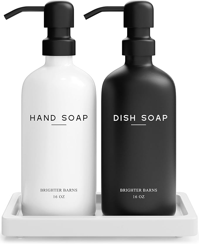 Luxury Glass Hand and Dish Soap Dispenser Set by Brighter Barns - Kitchen Soap Dispenser Set with Tray for Kitchen, Home or Restaurant - Modern Farmhouse Kitchen Decor (Black/White) by BrighterBarns