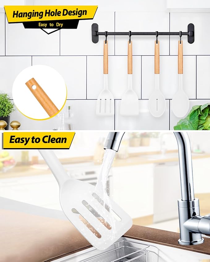Pack of 4 Silicone Cooking Utensils Set, Non Stick Solid Spatulas and Heat Resistant Slotted Spoons with Wooden Handle, Ideal Wood Kitchen Utensils Set for Frying,Serving,Turning,Stirring (WHITE) - Image 6