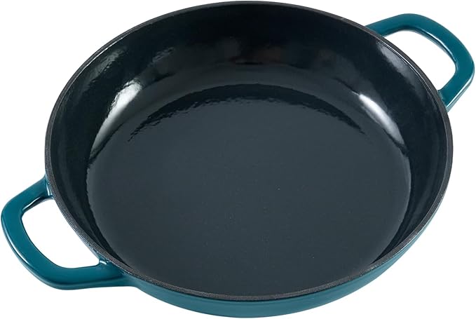 Flavehc Braiser Enameled Cast Iron Braiser 2.25 qt Braiser Pan with Lid DarkCyan Shallow Cast Iron Casserole Braiser Pan with Handels