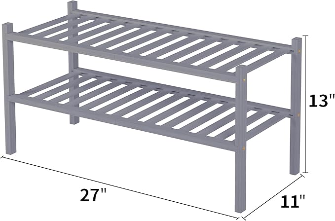 ROMGUAR CRAFT 2 Tier Bamboo Shoe Rack for Closet Free Standing Wood Shoe Shelf for Entryway Small Space Stackable 27"x11"x13" (Grey) - Image 3