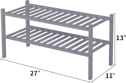 ROMGUAR CRAFT 2 Tier Bamboo Shoe Rack for Closet Free Standing Wood Shoe Shelf for Entryway Small Space Stackable 27"x11"x13" (Grey) - Image 3