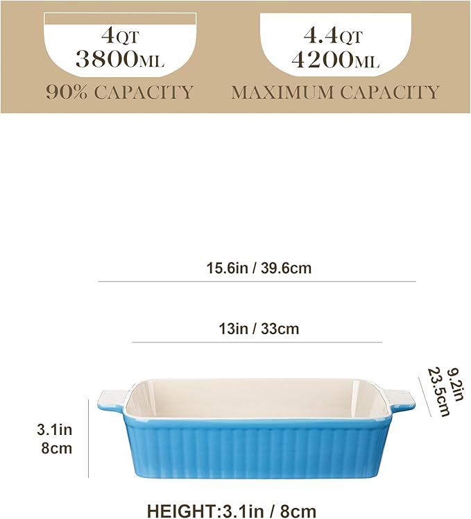 MALACASA 4.4 QT Baking Dish, 9x13 Large Casserole Dish for Oven, Ceramic Baking Pan, Rectangular Lasagna Pan Deep with Handles for Baking, Durable Microwave Oven Safe, Blue, Series BAKE-BAKE - Image 2