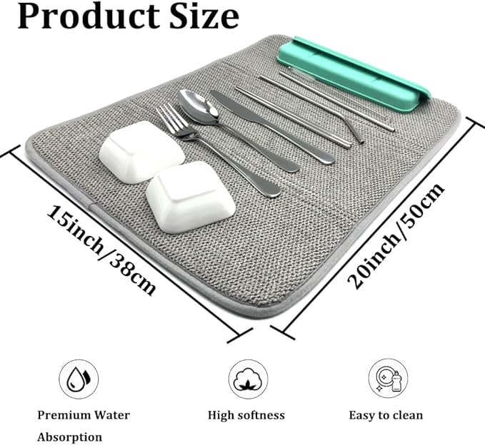 3 Pack Dish Drying Mat,Absorbent Microfiber Dishes Drainer Mats for Kitchen Counter Large Size 20 X 15 Inch,Dish Drying Pad(Beige/Grey/Blue) - Image 2