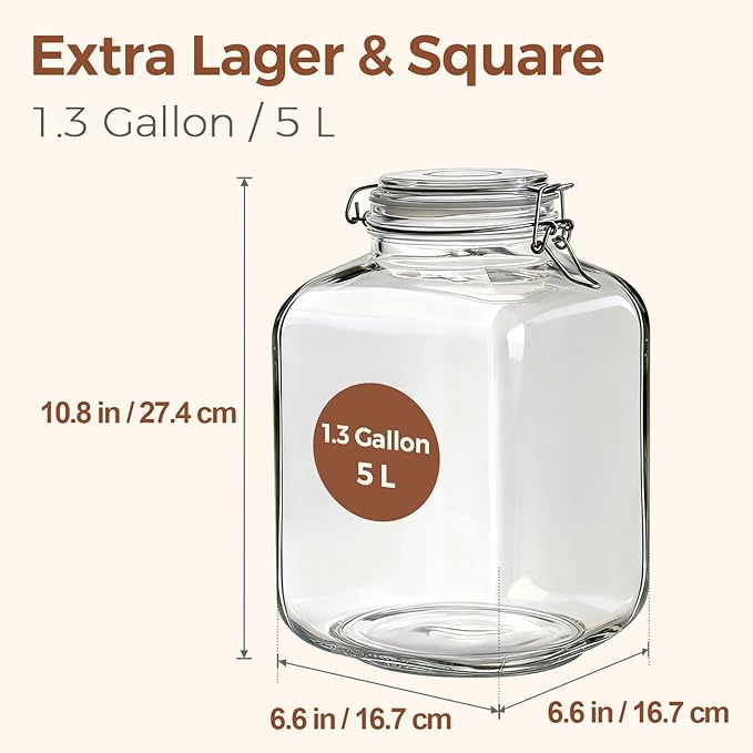 ComSaf 5L Square Glass Jars with Airtight Lids (1.3 Gallon, Set of 2), Space-Saving Canisters for Bulk Flour & Rice Storage, Ideal for Large-Batch Fermenting, Pickling & Kombucha - Image 2