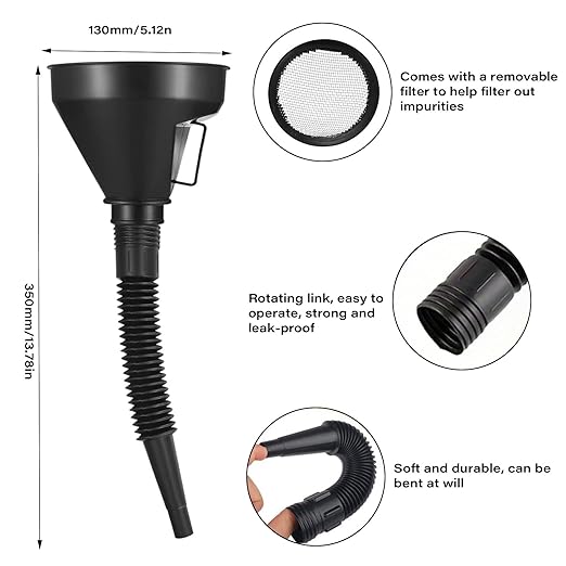 Oil Funnel for Automotive Use, Plastic Oil Change Funnels Set Large Flexible Fuel Funnel with Long Hose and Filter Bendable Wide Mouth for Car Motorcycle Boat Bottle Water Gasoline (7PCS)