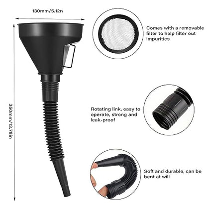 Oil Funnel for Automotive Use, Plastic Oil Change Funnels Set Large Flexible Fuel Funnel with Long Hose and Filter Bendable Wide Mouth for Car Motorcycle Boat Bottle Water Gasoline (7PCS)